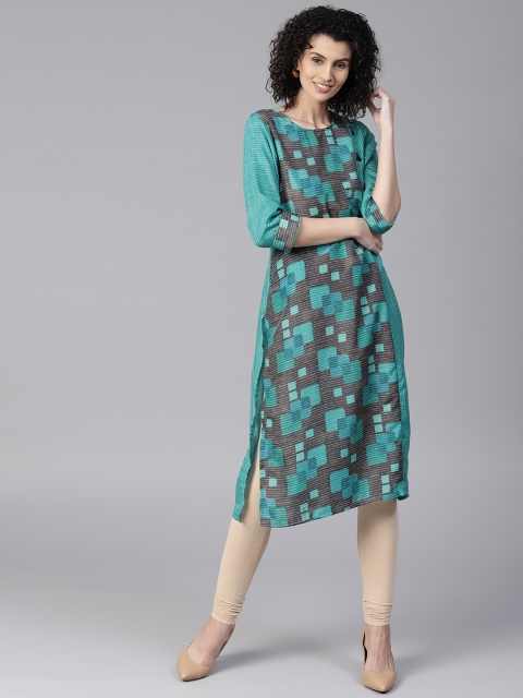 

Shree Women Teal Green & Charcoal Printed Straight Kurta