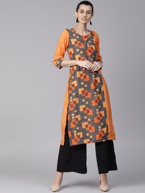 

Shree Women Orange & Grey Printed Straight Kurta