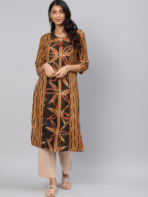 

Shree Women Mustard Brown & Rust Orange Striped Straight Kurta