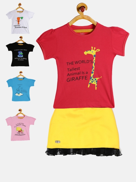 

GKIDZ Girls Pack of 5 Printed T-shirts with Skirt, Black