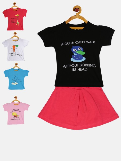 

GKIDZ Girls Pack of 5 Printed T-shirts with Skirt, Black