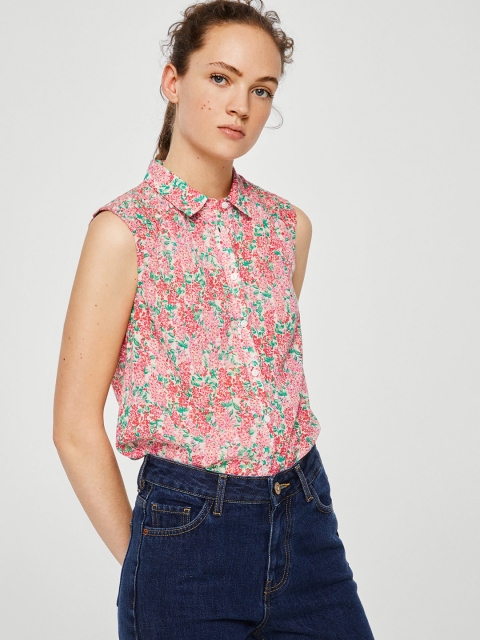 

MANGO Women Pink & Green Regular Fit Printed Casual Shirt