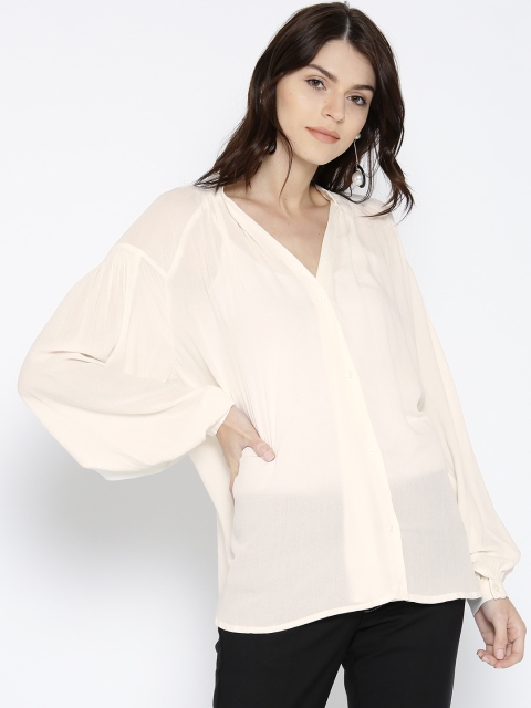 

MANGO Women Off-White Solid Semi-Sheer Boxy Casual Shirt