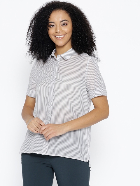 

MANGO Women White & Grey Regular Fit Semi-Sheer Striped Casual Shirt