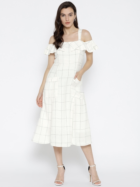

MANGO Women White Linen Checked A-Line Dress