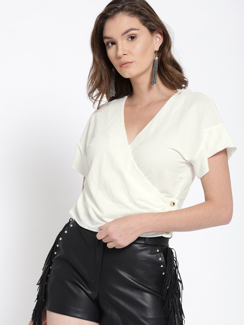 

MANGO Women White Solid Wrap Top
