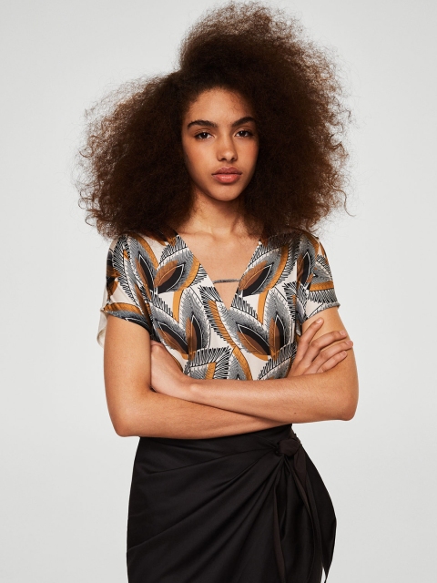 

MANGO Mustard Brown & Off-White Boxy Top
