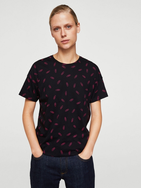 

MANGO Women Black Printed Round Neck T-shirt