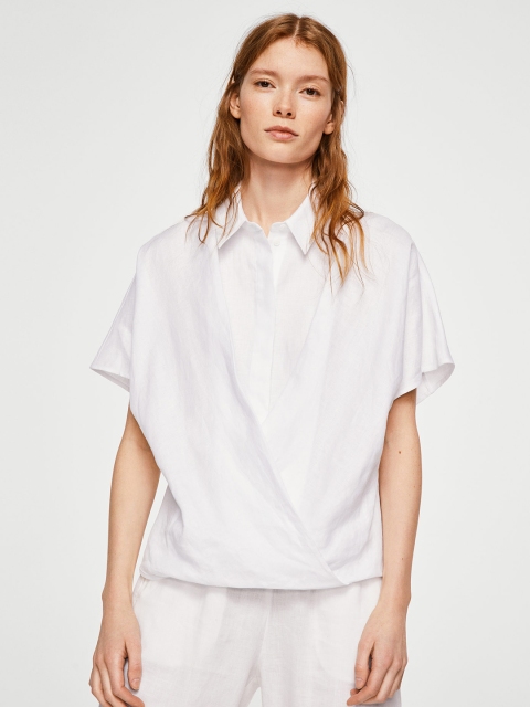 

MANGO Women White Linen Solid Wrap Top