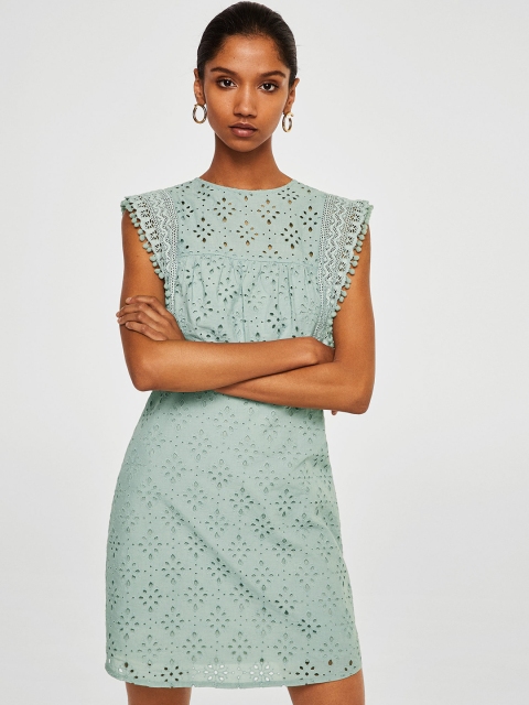 

MANGO Women Grey Schiffli Embroidered A-Line Dress