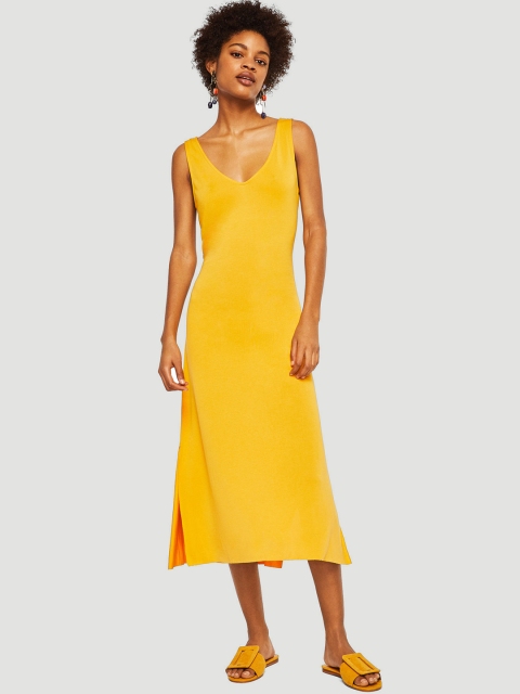 

MANGO Women Yellow Solid Midi A-Line Dress