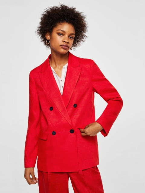 

MANGO Women Red Solid Linen Double-Breasted Blazer