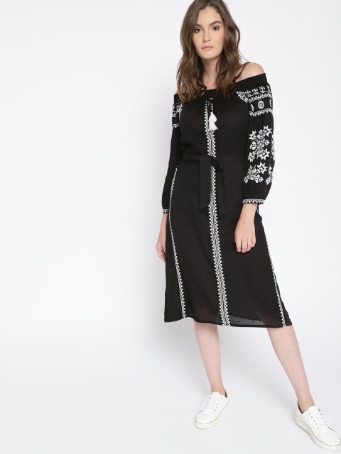 

MANGO Women Black Embroidered Off-Shoulder A-Line Dress