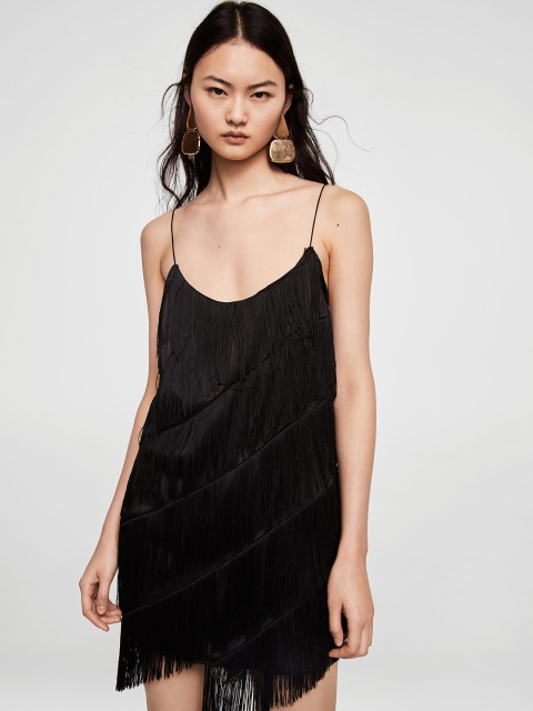

MANGO Women Black Solid Fringed Sheath Dress