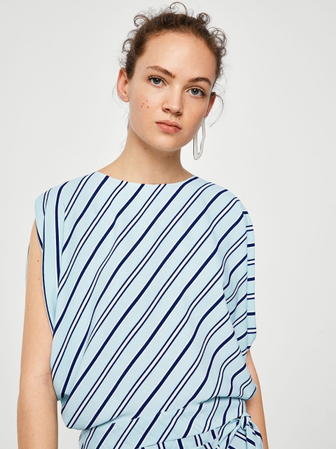 

MANGO Women Blue Striped Styled Back Top