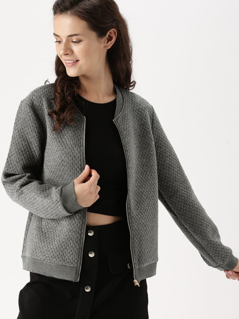 

DressBerry Women Grey Self Design Bomber