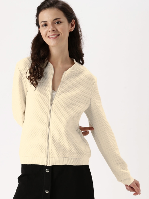 

DressBerry Women Cream-Coloured Self Design Bomber