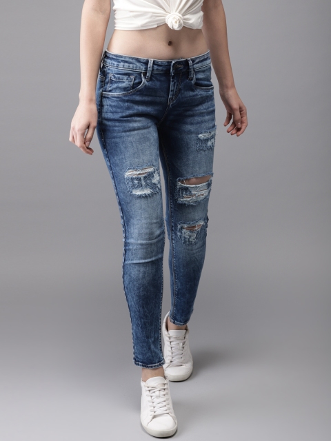 

HERE&NOW Women Blue Skinny Fit Mid-Rise Highly Distressed Stretchable Cropped Jeans