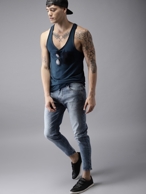

HERE&NOW Men Blue Tapered Fit Mid-Rise Clean Look Stretchable Cropped Jeans