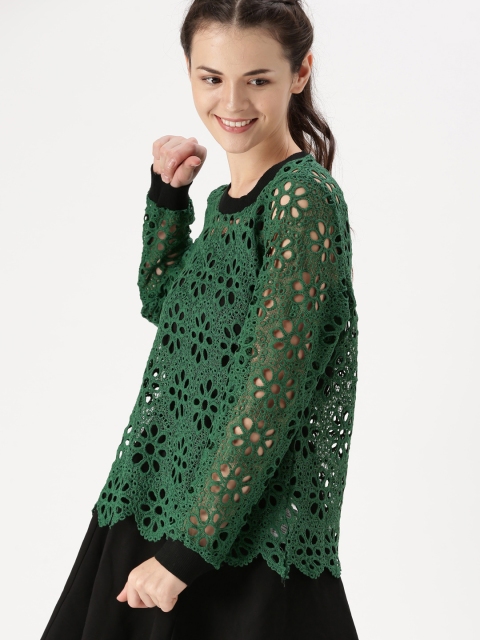 

DressBerry Women Green Semi-Sheer Lace Top