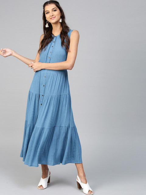 

SASSAFRAS Women Blue Solid Tiered Maxi Dress