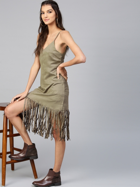 

SASSAFRAS Women Olive Green Fringed Sheath Dress With Suede Finish