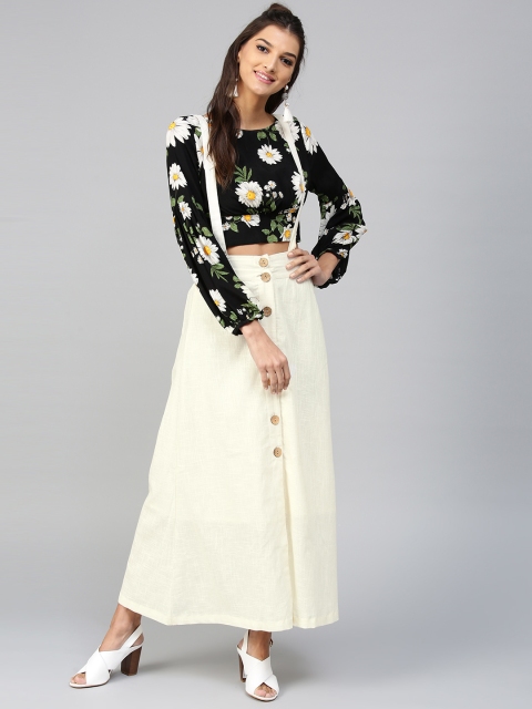 

SASSAFRAS Off-White Maxi Pure Cotton Skirt with Suspenders