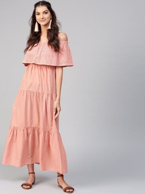 

SASSAFRAS Women Peach-Coloured Solid Tiered Maxi Dress