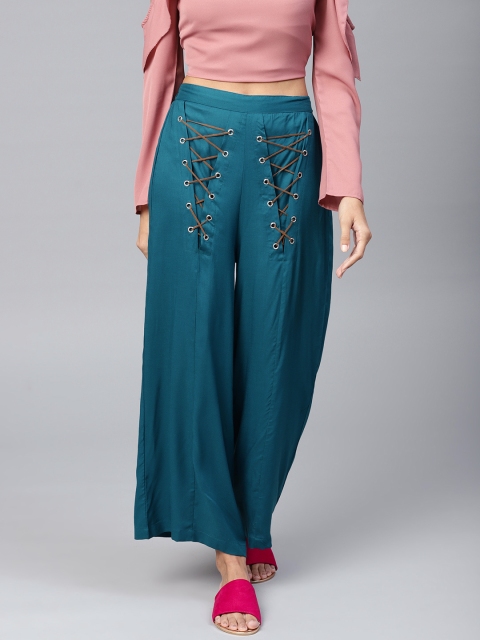 

SASSAFRAS Women Teal Green Regular Fit Solid Parallel Trousers