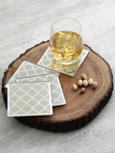 

Pure Home and Living Set of 4 Printed Cream and Silver Moroccan Glass Coaster
