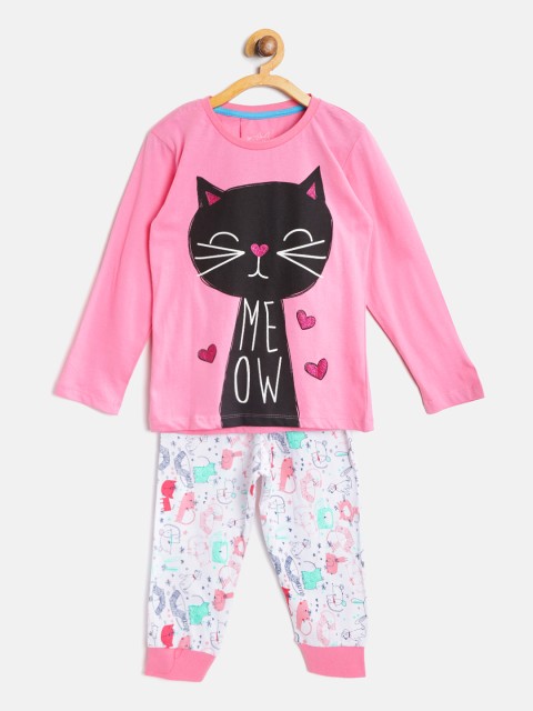 

Lazy Shark Girls Pink & White Printed Night Suit GDRS0089