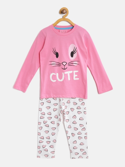

Lazy Shark Girls Pink & White Printed Night Suit GDRS0047