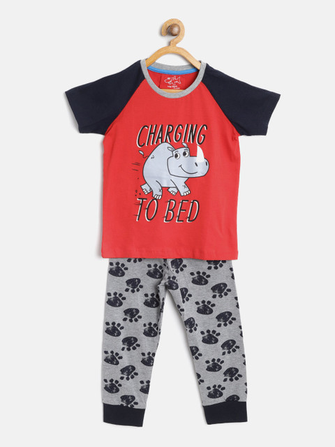 

Lazy Shark Boys Red & Grey Melange Printed Night Suit BDRS0065