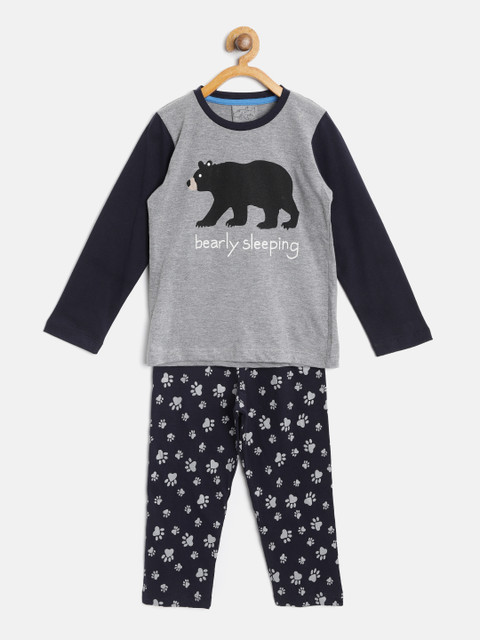 

Lazy Shark Boys Grey Melange & Navy Blue Printed Night Suit BDRS0059