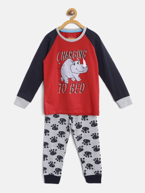 

Lazy Shark Boys Red & Grey Melange Printed Night Suit BDRS0061