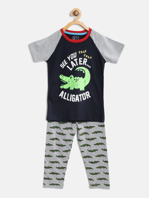 

Lazy Shark Boys Navy Blue & Grey Melange Printed Night Suit BDRS0039