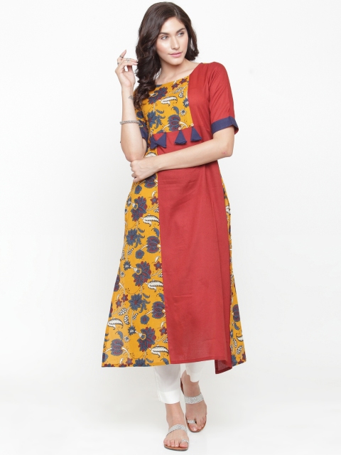 

Varanga Women Rust Red & Mustard Yellow Printed Straight Kurta