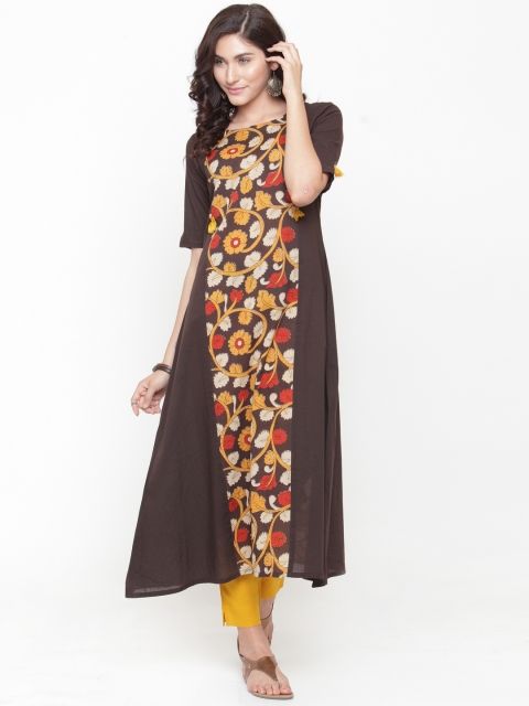 

Varanga Women Brown Floral Print A-Line Kurta