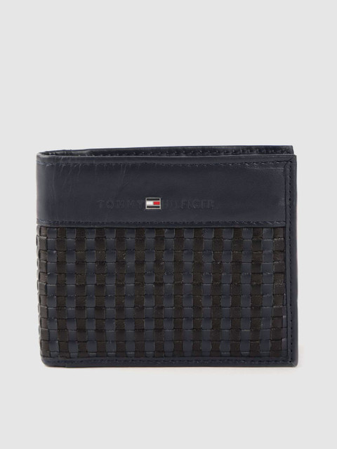 

Tommy Hilfiger Men Navy Blue & Black Leather Basket Weave Two Fold Wallet