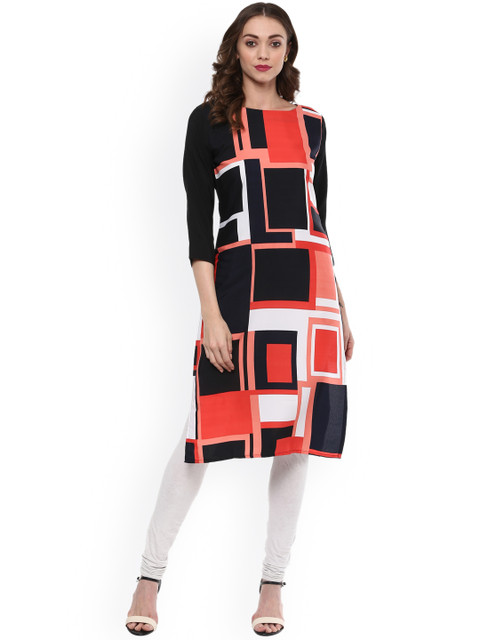 

Vaamsi Women Black & Coral Printed Straight Kurta