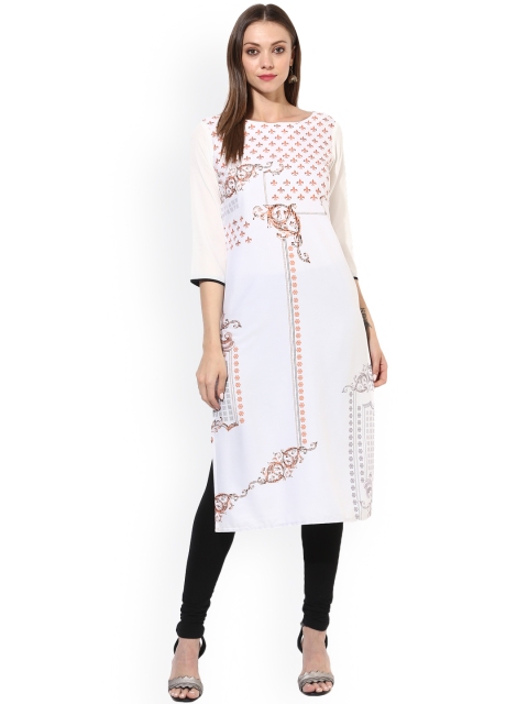 

Vaamsi Women White & Peach-Coloured Printed Straight Kurta