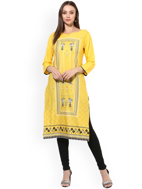 

Vaamsi Women Yellow Printed Straight Kurta