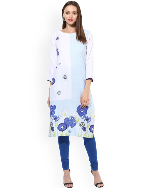 

Vaamsi Women White & Blue Printed Straight Kurta