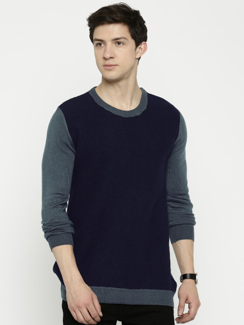 

United Colors of Benetton Men Navy & Grey Wool Blend Sweater, Navy blue