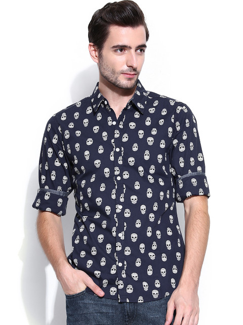 

United Colors of Benetton Men Navy Printed Casual Shirt, Navy blue