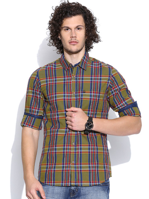 

United Colors of Benetton Olive Green Checked Casual Shirt