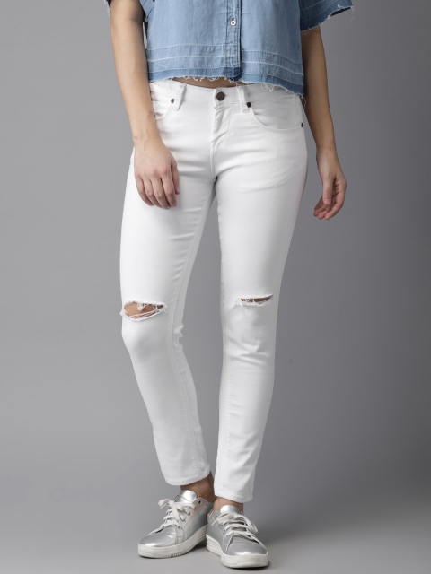 

HERE&NOW Women White Skinny Fit Mid-Rise Slash Knee Stretchable Cropped Jeans