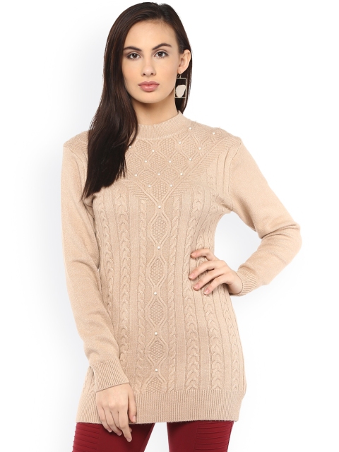 

Kazo Women Beige Self Design Longline Sweater