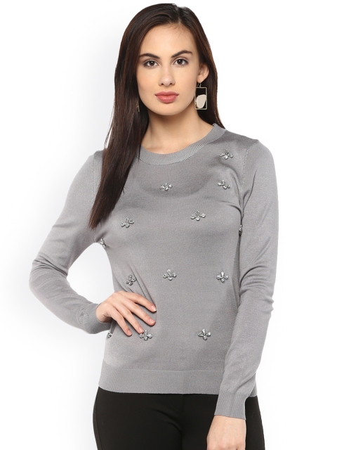 

Kazo Women Grey Solid Embellished Pullover
