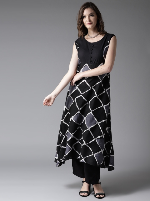 

HERE&NOW Women Black & Grey Printed A-Line Kurta